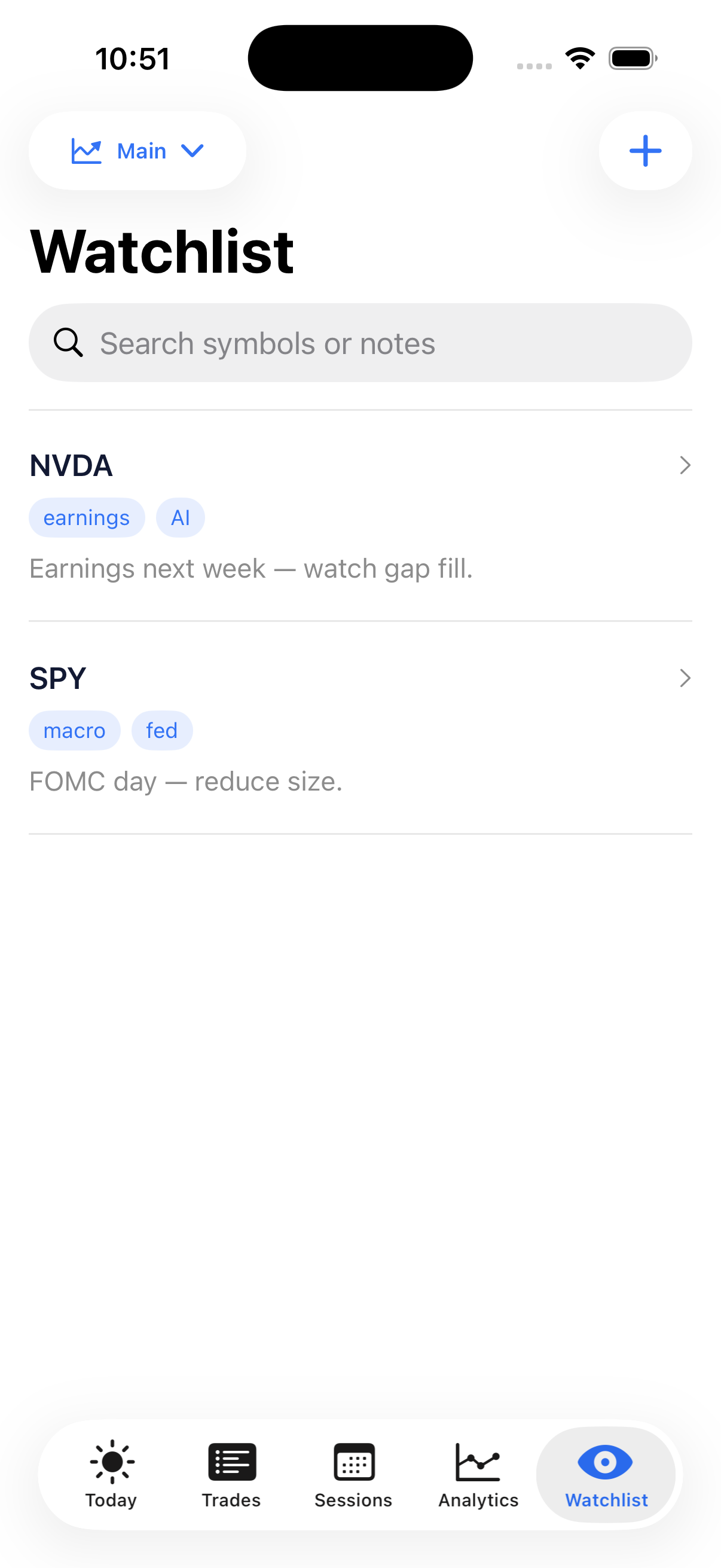 Watchlist screen from the Trade Journal Falcon iOS app